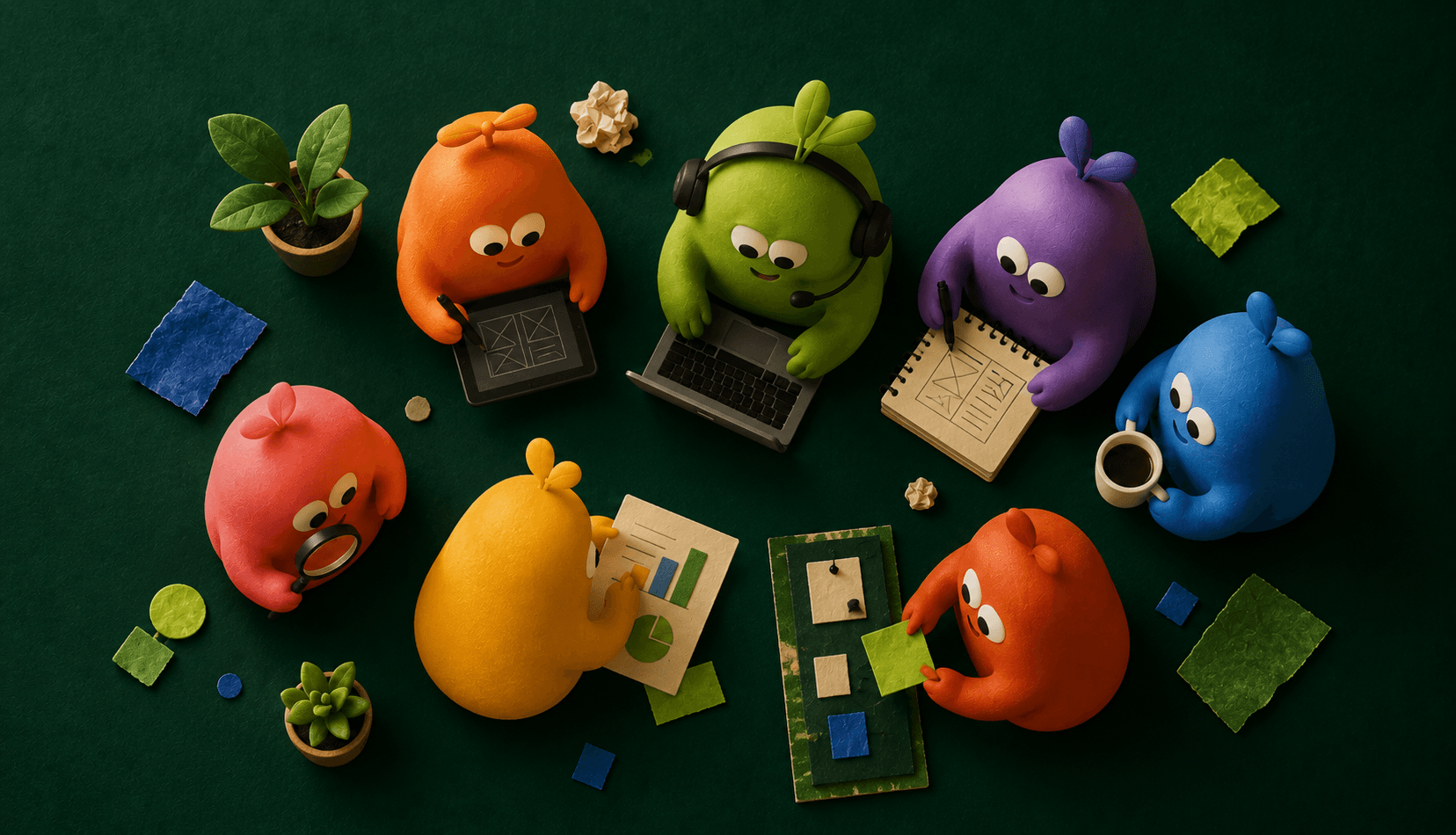 A colorful team of Zellos AI agents collaborating around a table